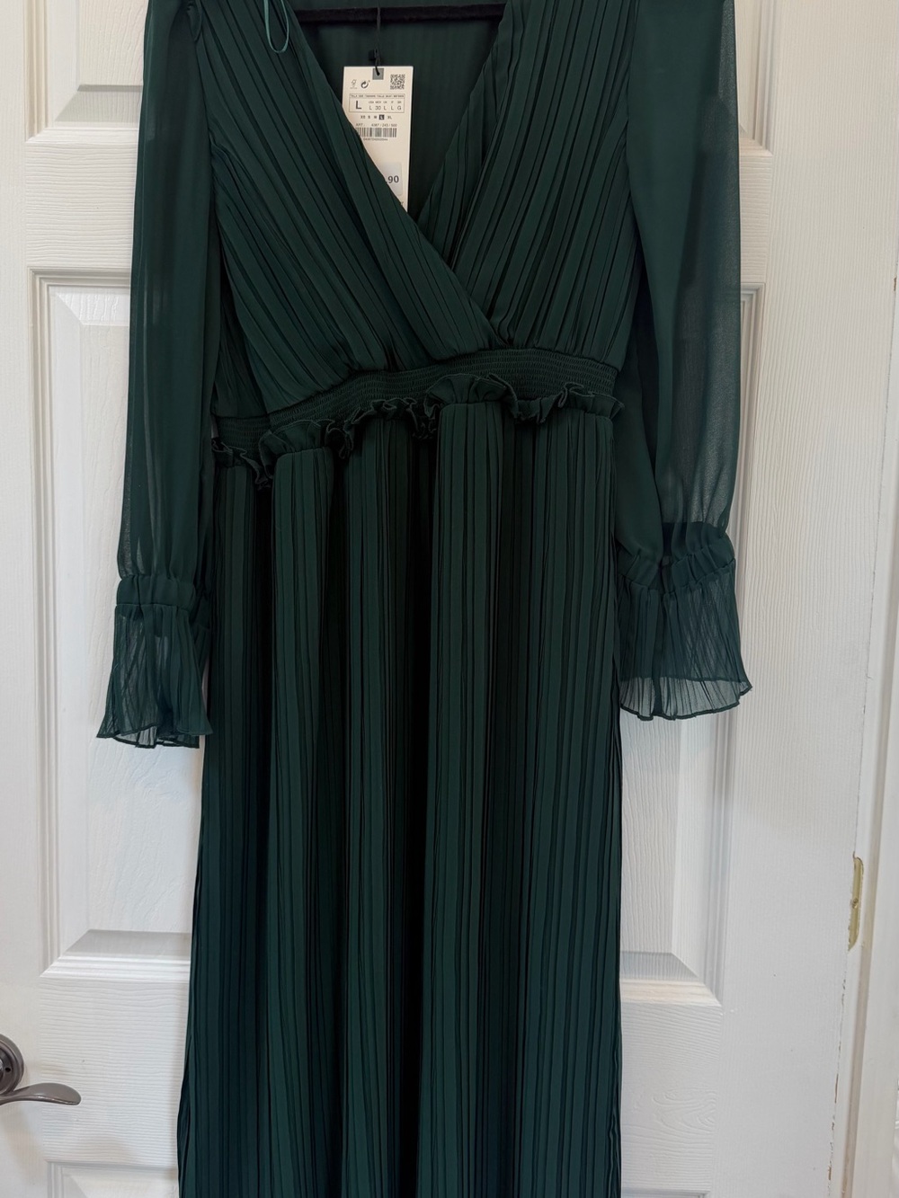 Zara Forest Green Pleated Long Sleeve Wrap Dress